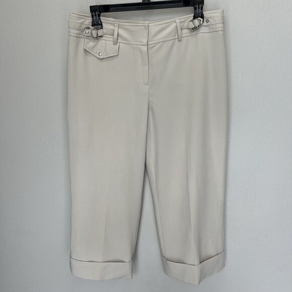 Larry Levine | Stretch Khaki Capri Pants Womens Size 10 Mid Rise Cuffed Beige - Picture 2 of 6